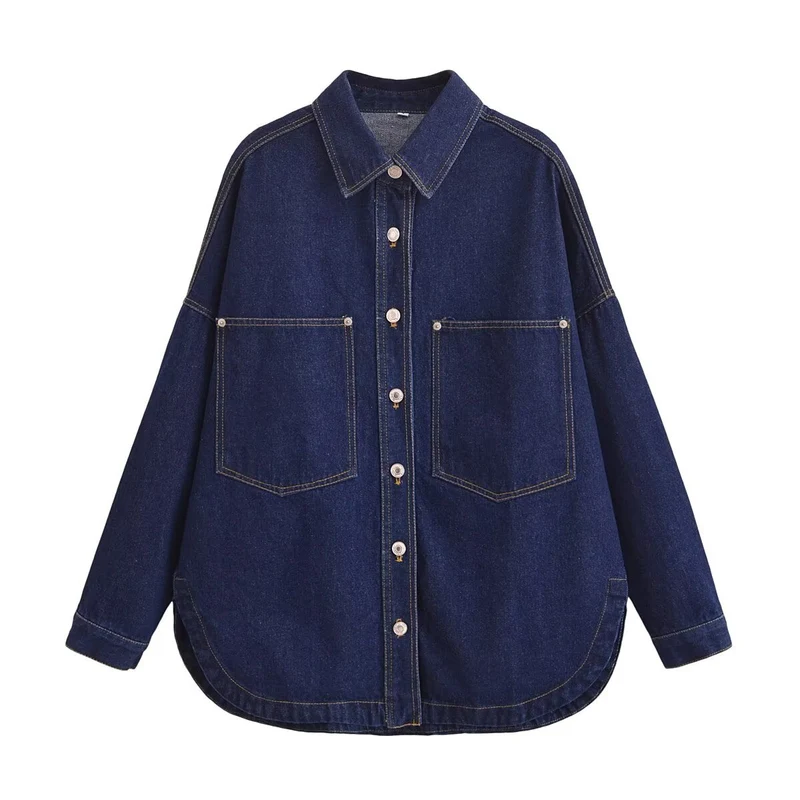 Damen Oversize Jeanshemd‑Jacke mit aufgesetzten Taschen und abgerundetem Saum Drune