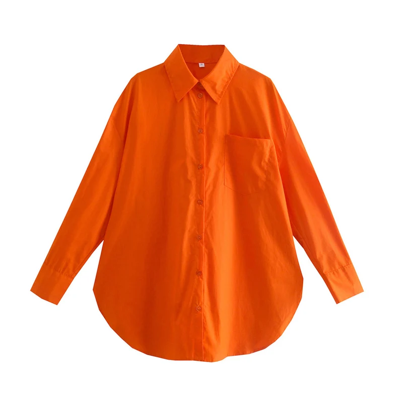 Damen Oversize-Hemdbluse mit rundem Saum, Brusttasche und überschnittenen Schultern Drune