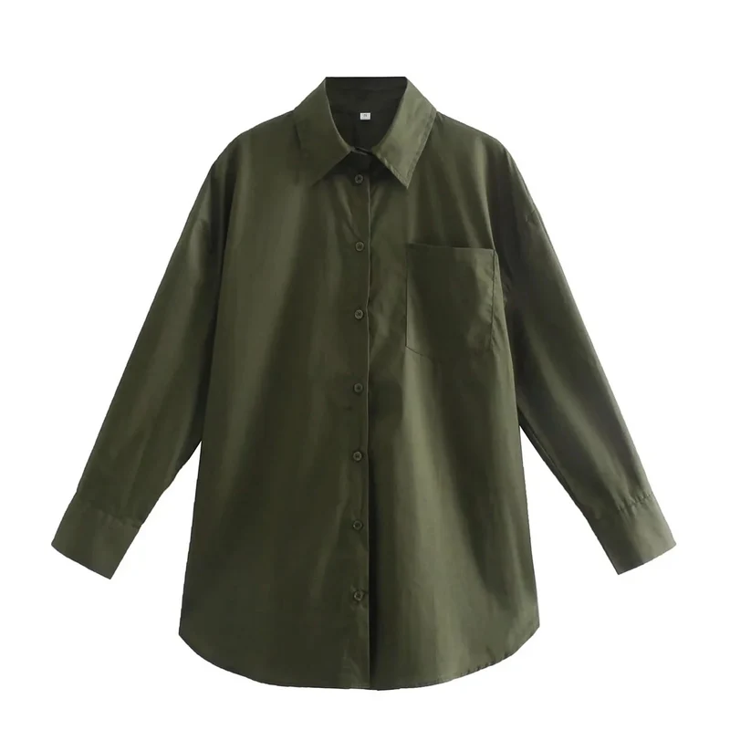 Damen Oversize-Hemdbluse mit rundem Saum, Brusttasche und überschnittenen Schultern Drune