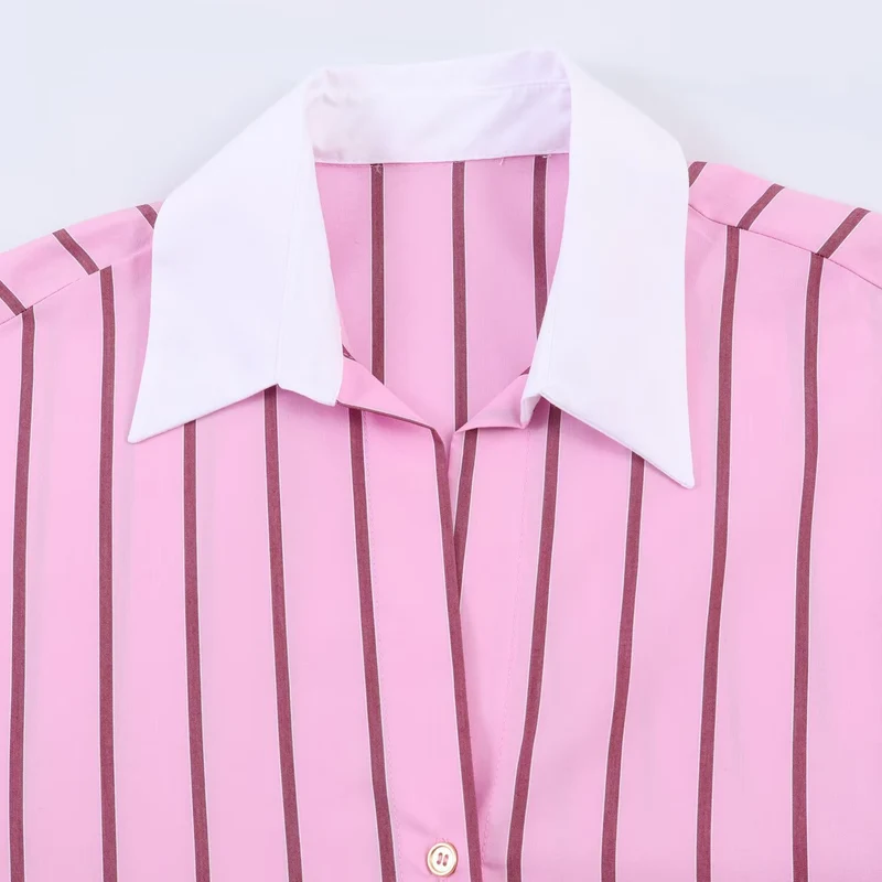 Damen Oversize-Hemdbluse mit Kontrastkragen, Manschetten und vertikalem Streifenmuster Drune