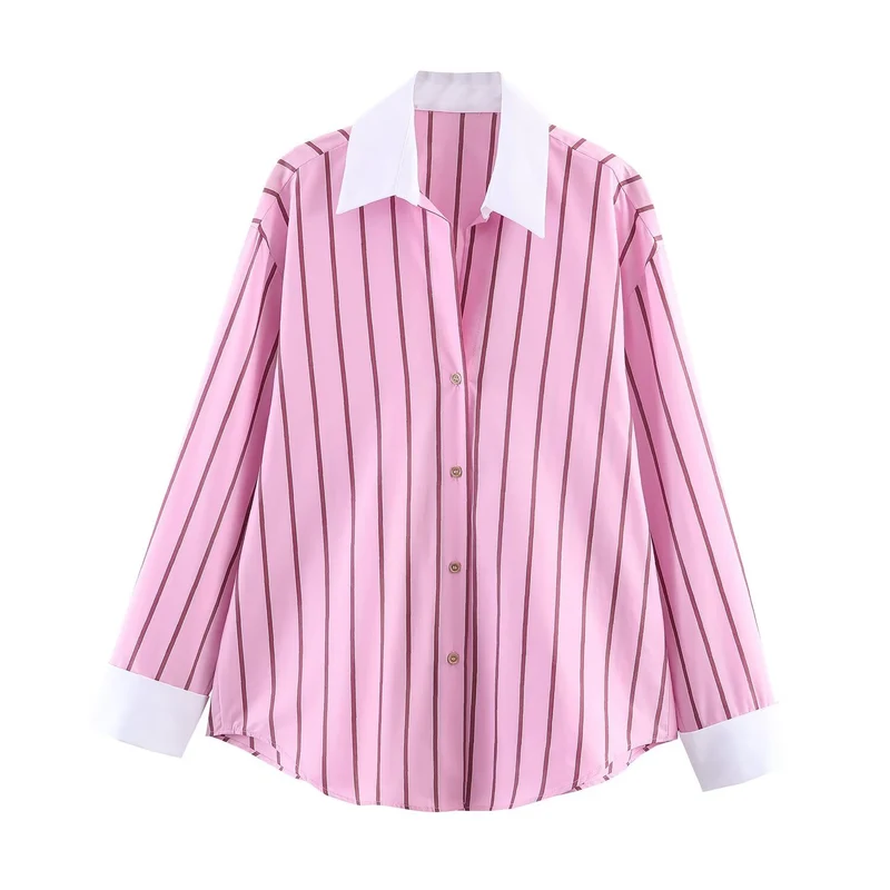 Damen Oversize-Hemdbluse mit Kontrastkragen, Manschetten und vertikalem Streifenmuster Drune