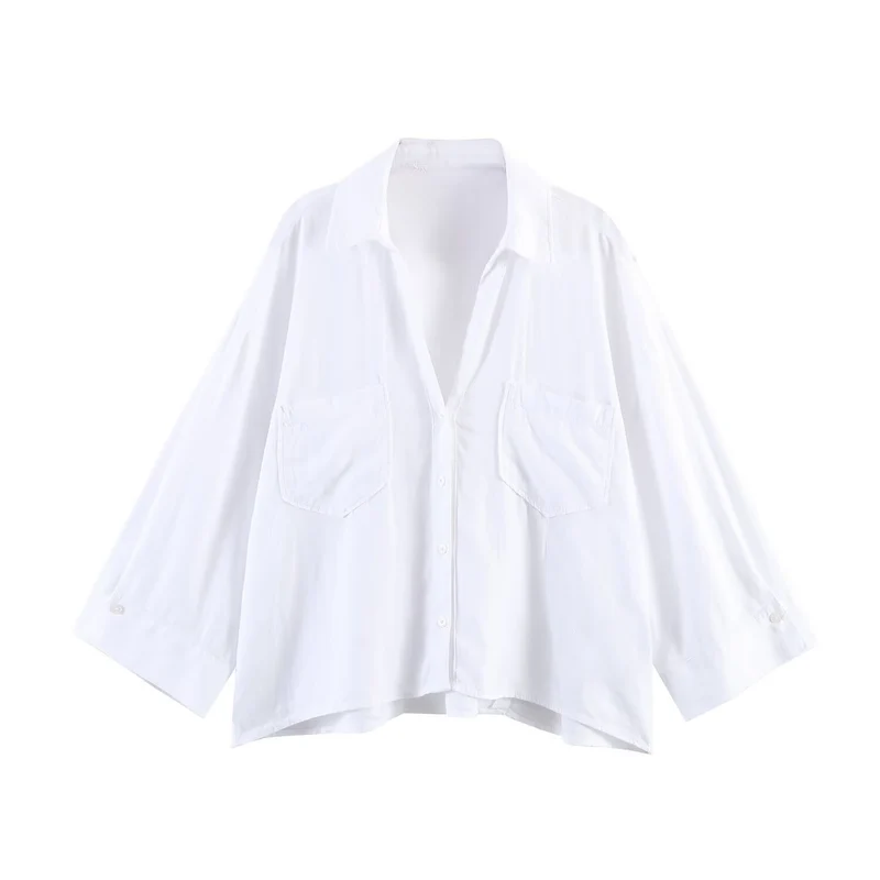 Damen Oversize-Hemdbluse mit großen Brusttaschen, überschnittener Schulter und High‑Low‑Saum Drune