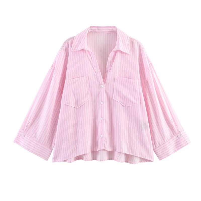 Damen Oversize-Hemdbluse mit großen Brusttaschen, überschnittener Schulter und High‑Low‑Saum Drune