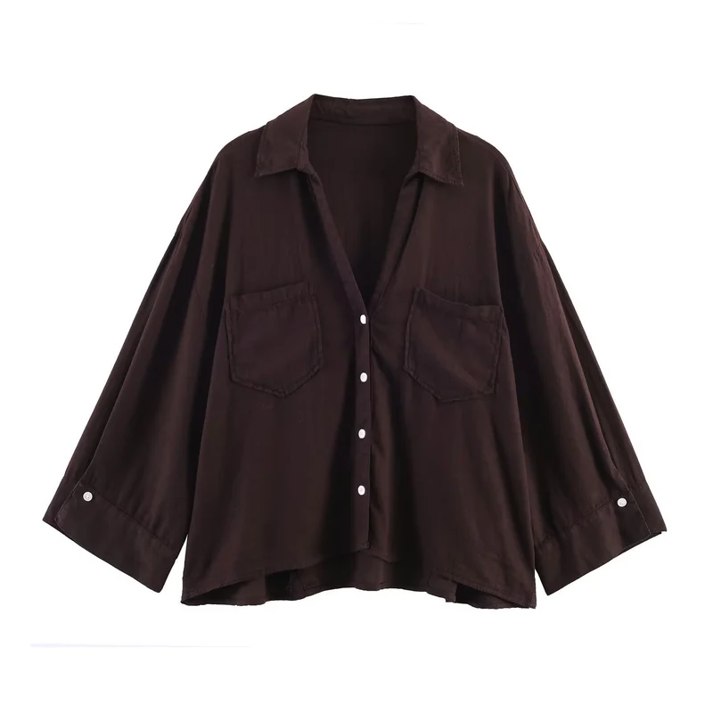 Damen Oversize-Hemdbluse mit großen Brusttaschen, überschnittener Schulter und High‑Low‑Saum Drune