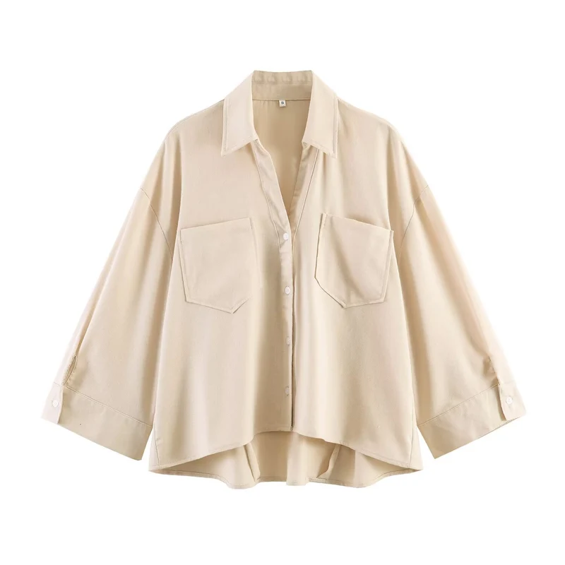 Damen Oversize-Hemdbluse mit großen Brusttaschen, überschnittener Schulter und High‑Low‑Saum Drune