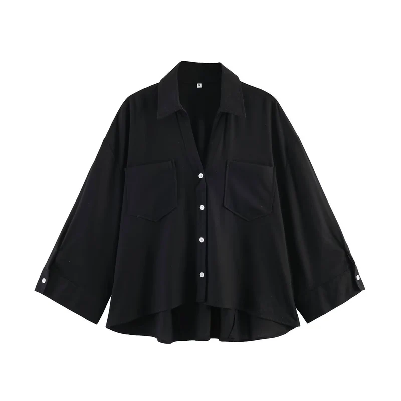 Damen Oversize-Hemdbluse mit großen Brusttaschen, überschnittener Schulter und High‑Low‑Saum Drune