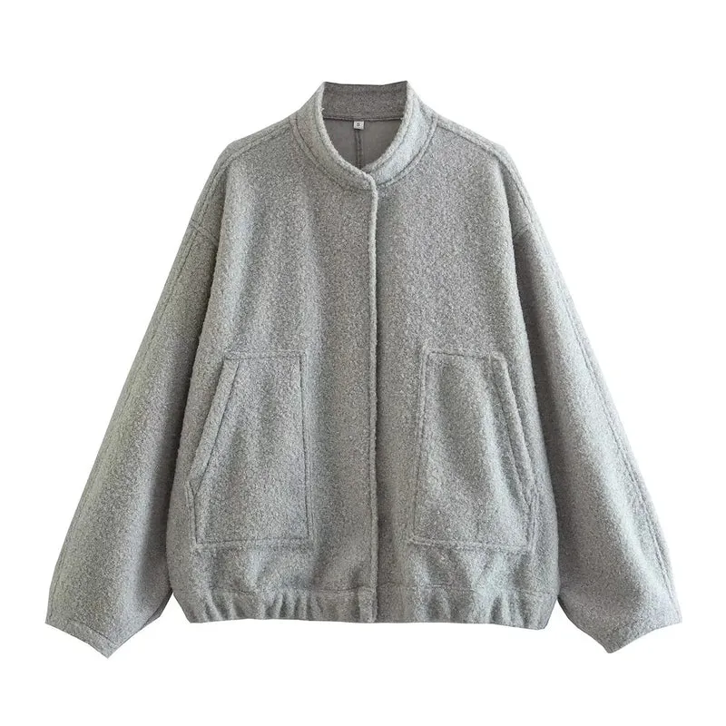 Damen Oversize-Fleecejacke mit Stehkragen, aufgesetzten Fronttaschen und elastischem Saum Drune