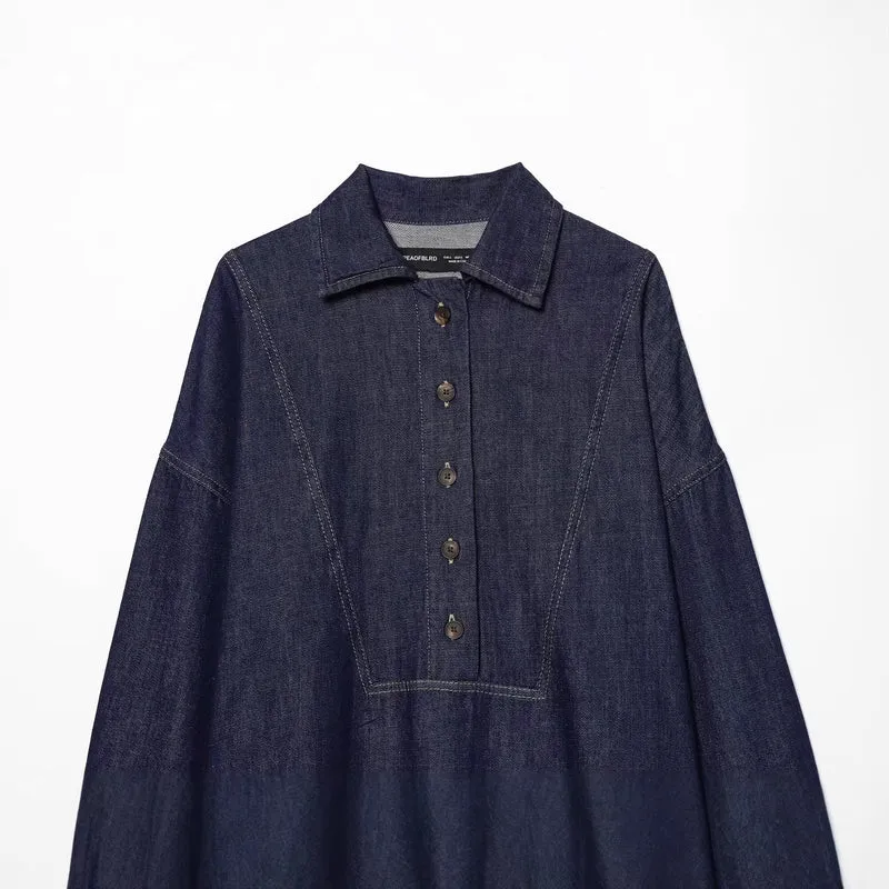 Damen Oversize-Denim-Tunika mit halber Knopfleiste und markanten Nahtdetails Drune