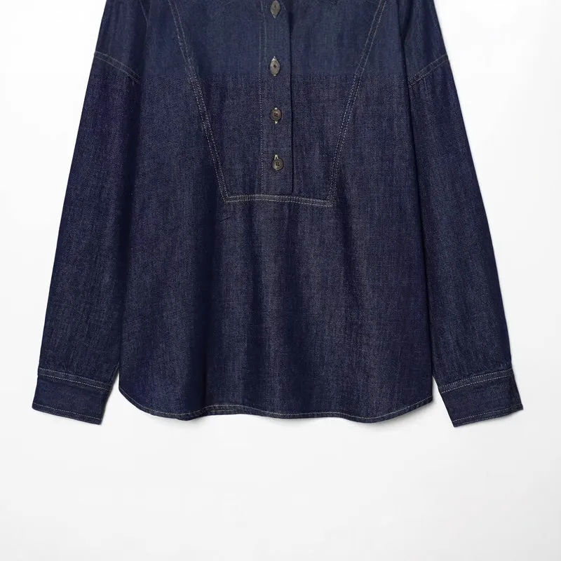 Damen Oversize-Denim-Tunika mit halber Knopfleiste und markanten Nahtdetails Drune