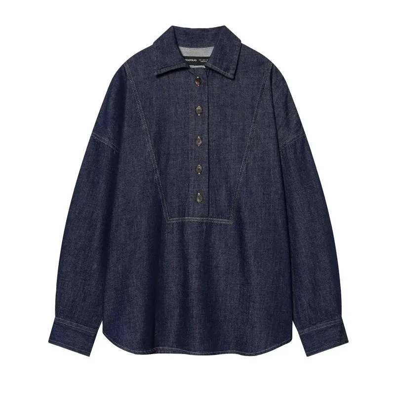 Damen Oversize-Denim-Tunika mit halber Knopfleiste und markanten Nahtdetails Drune