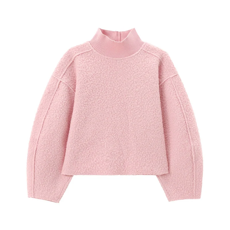 Damen Oversize Cropped Pullover mit Stehkragen und Ballonärmeln Drune