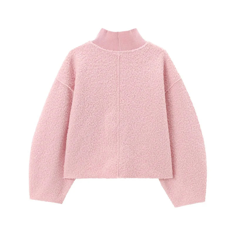 Damen Oversize Cropped Pullover mit Stehkragen und Ballonärmeln Drune