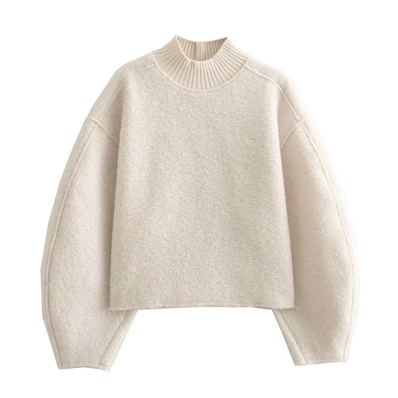 Damen Oversize Cropped Pullover mit Stehkragen und Ballonärmeln Drune