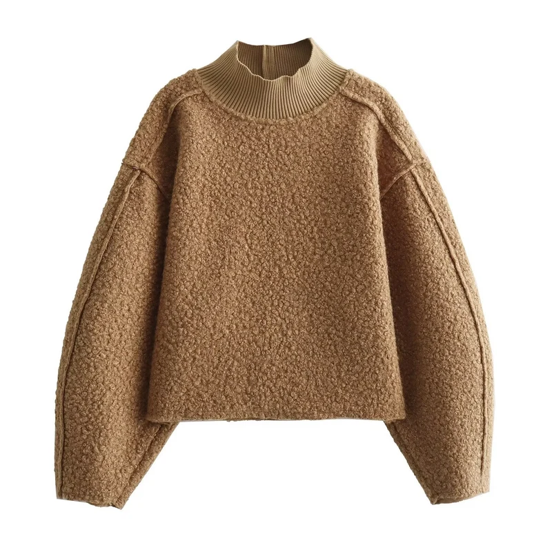 Damen Oversize Cropped Pullover mit Stehkragen und Ballonärmeln Drune