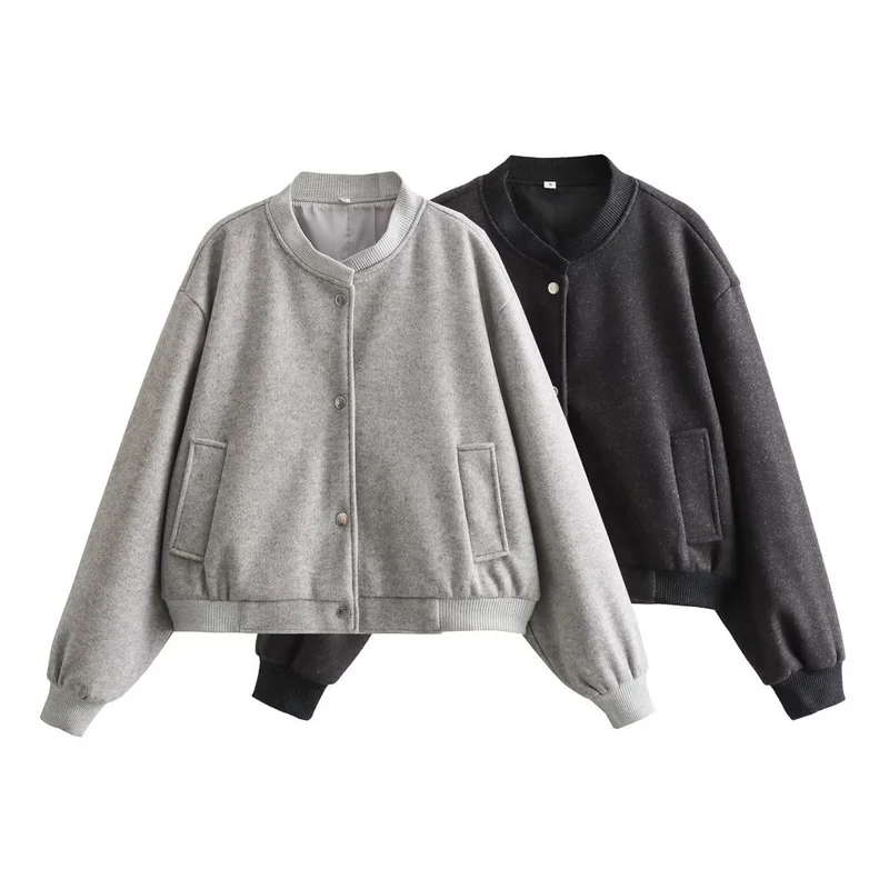 Damen Oversize-Bomberjacke aus Wollmix mit Druckknopfverschluss und geripptem Saum Drune