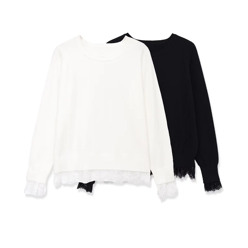 Damen Oversize Baumwollpullover mit Spitzenbesatz Drune