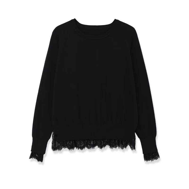 Damen Oversize Baumwollpullover mit Spitzenbesatz Drune