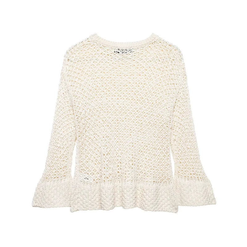 Damen Offener Häkelstrick-Pullover mit ausgestelltem Volant-Saum Drune