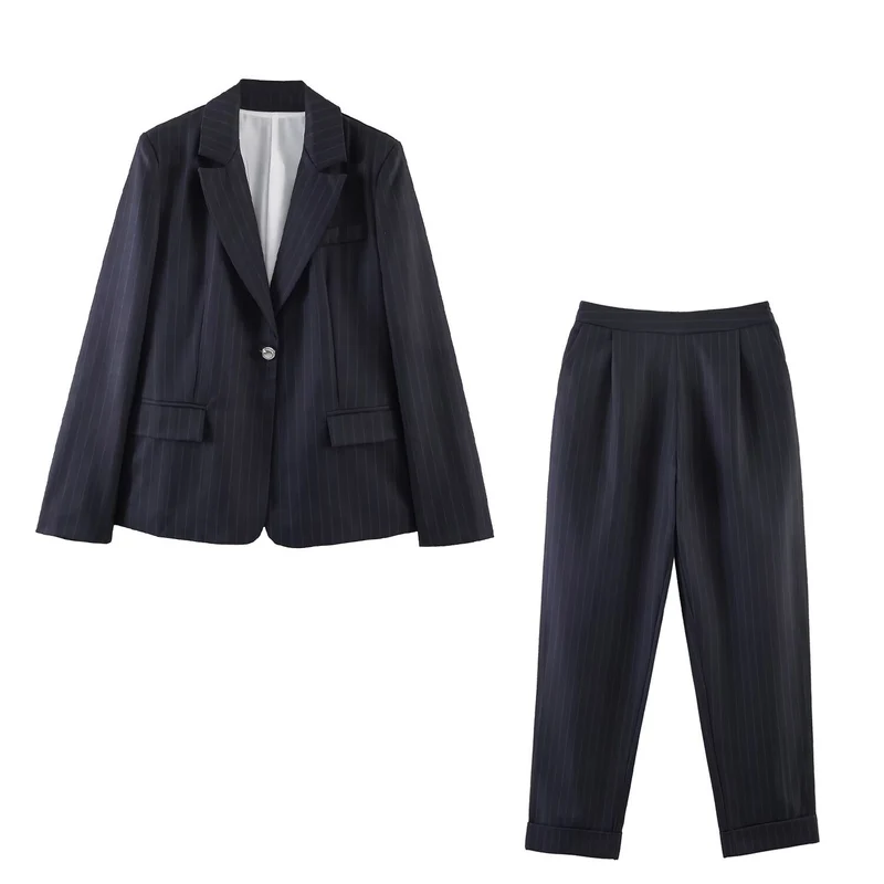 Damen Nadelstreifen-Blazer mit Taillierungsnähten und Ein-Knopf-Verschluss Drune