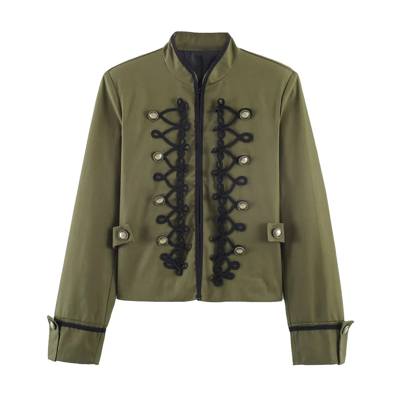 Damen Militärisch inspirierte Kurzjacke mit dekorativer Kordauflage und Stehkragen Drune