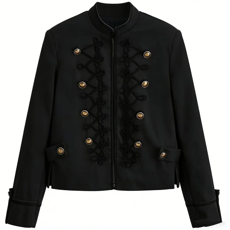 Damen Militärinspirierte Kurzjacke mit Stehkragen, Zierkordeln und Goldknöpfen Drune