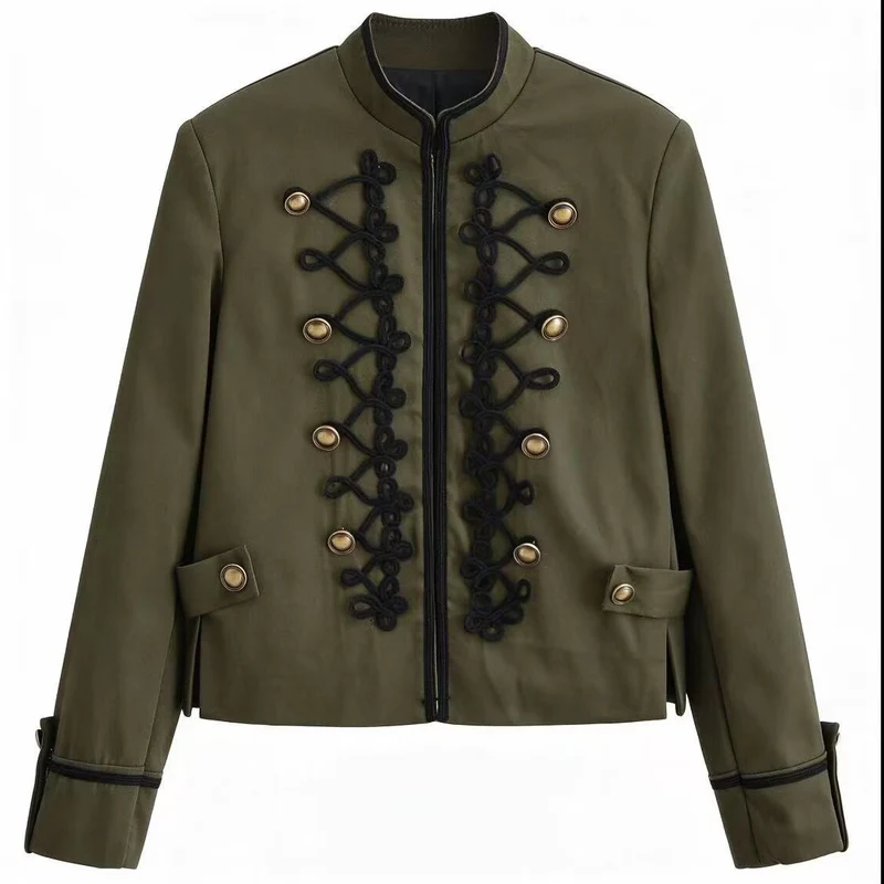 Damen Militärinspirierte Kurzjacke mit Stehkragen, Zierkordeln und Goldknöpfen Drune