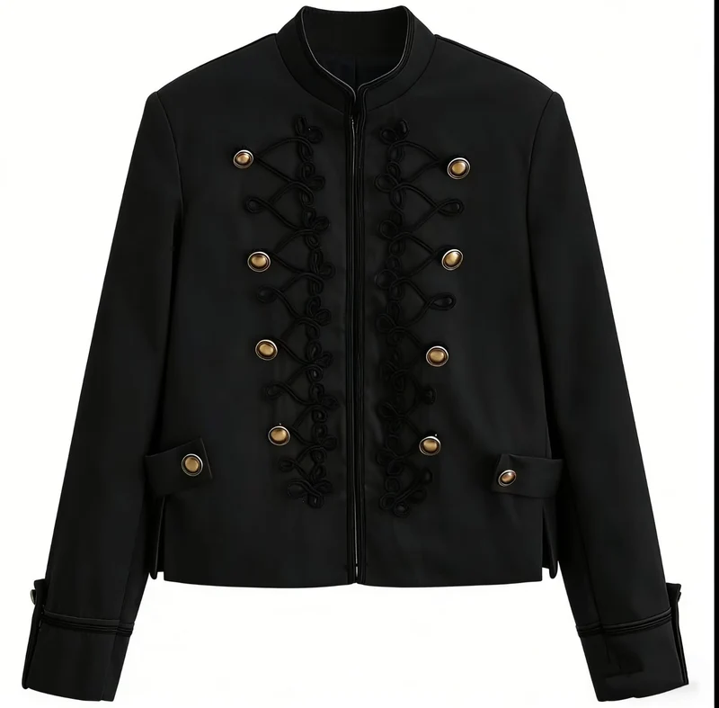 Damen Militärinspirierte Kurzjacke mit Stehkragen, Zierkordeln und Goldknöpfen Drune