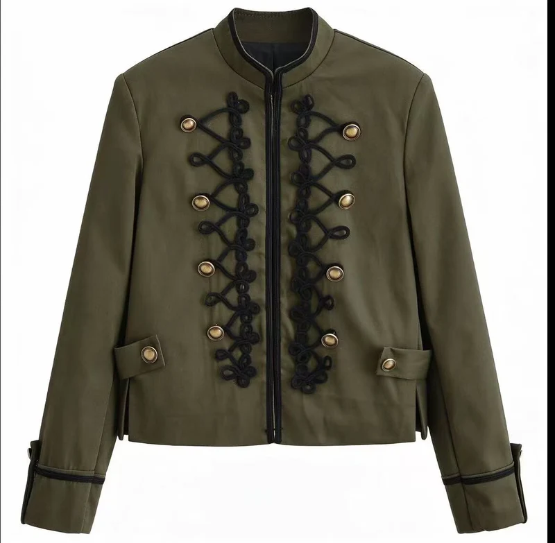 Damen Militärinspirierte Kurzjacke mit Stehkragen, Zierkordeln und Goldknöpfen Drune
