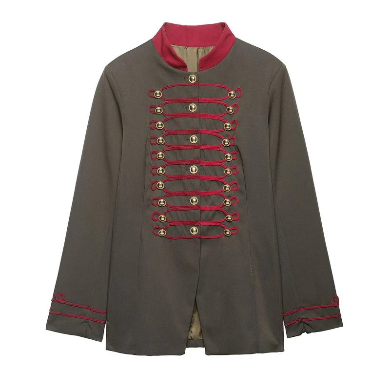 Damen Militärinspirierte Kastenjacke mit dekorativen Froschverschlüssen und Stehkragen Drune