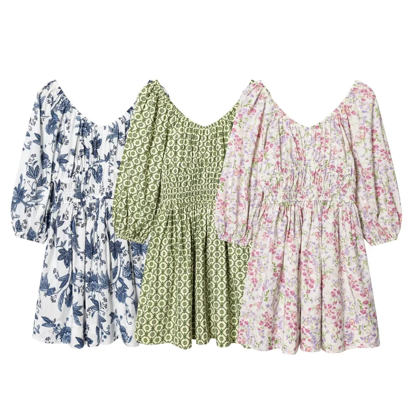 Damen Midikleid mit Smoktaillen, Ballonärmeln und ausgestelltem Rock Drune