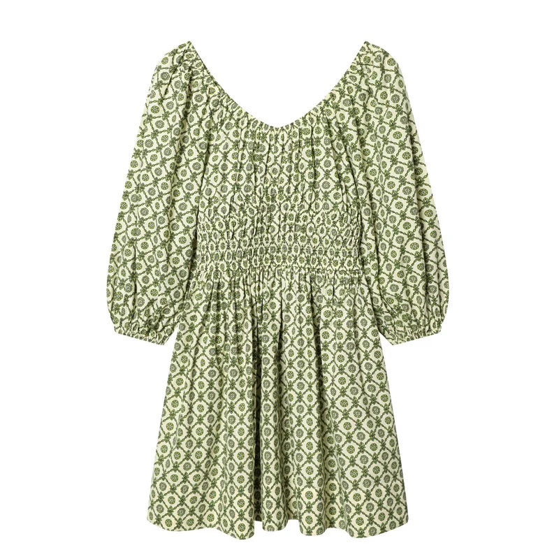 Damen Midikleid mit Smoktaillen, Ballonärmeln und ausgestelltem Rock Drune