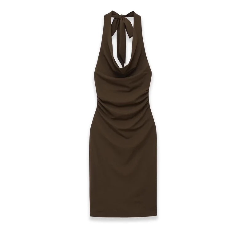 Damen Midikleid mit Neckholder, Wasserfall‑Cowl‑Ausschnitt und seitlicher Raffung Drune
