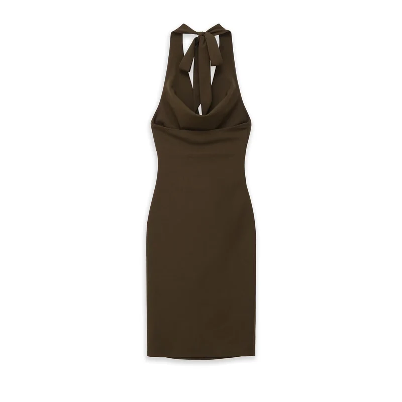 Damen Midikleid mit Neckholder, Wasserfall‑Cowl‑Ausschnitt und seitlicher Raffung Drune