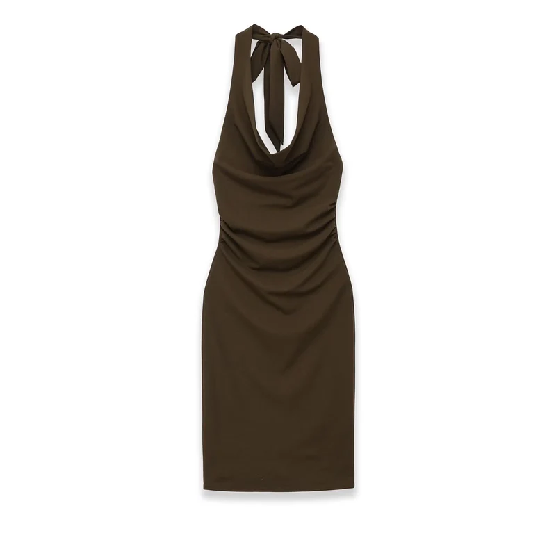 Damen Midikleid mit Neckholder, Wasserfall‑Cowl‑Ausschnitt und seitlicher Raffung Drune