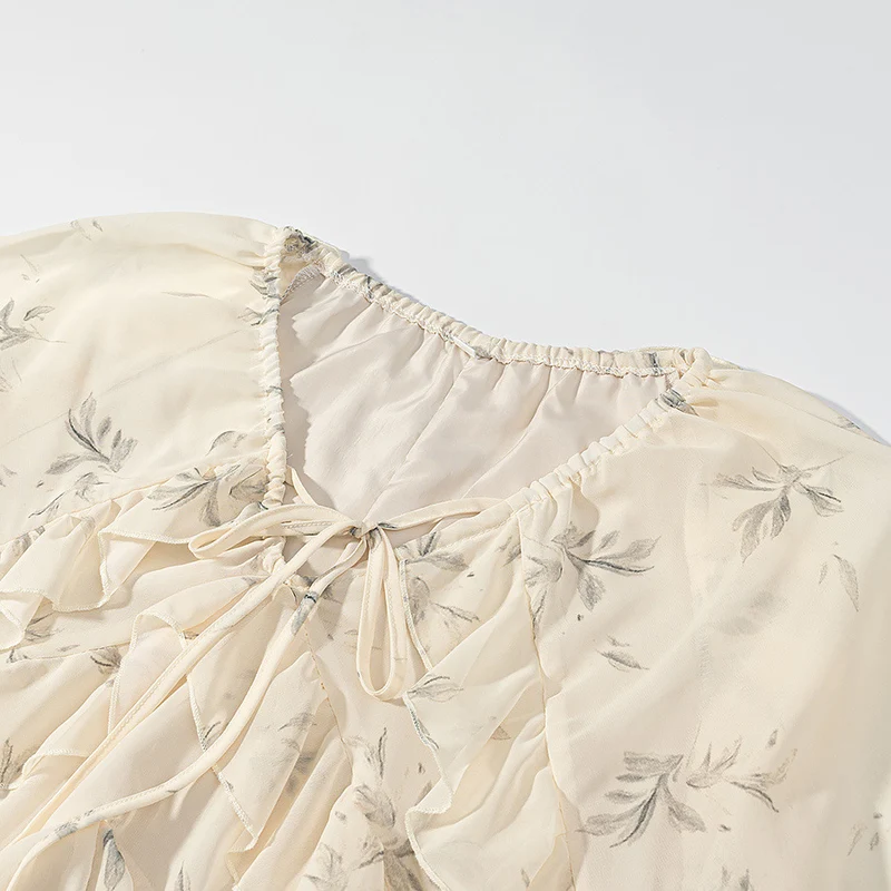 Damen Maxikleid mit Volants, langem Glockenärmel und floralem Chiffon-Design Drune