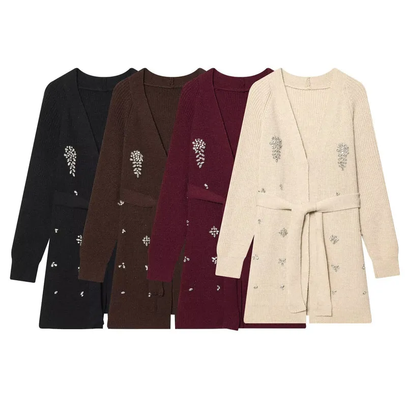 Damen Longcardigan mit Bindegürtel und Schmuckstein‑Applikation Drune