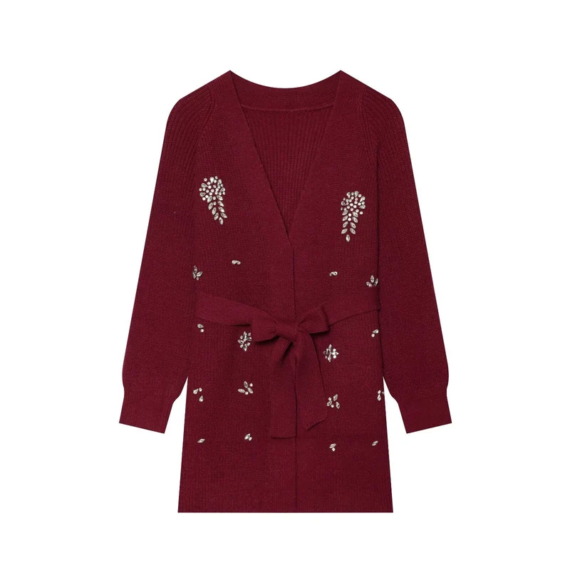 Damen Longcardigan mit Bindegürtel und Schmuckstein‑Applikation Drune
