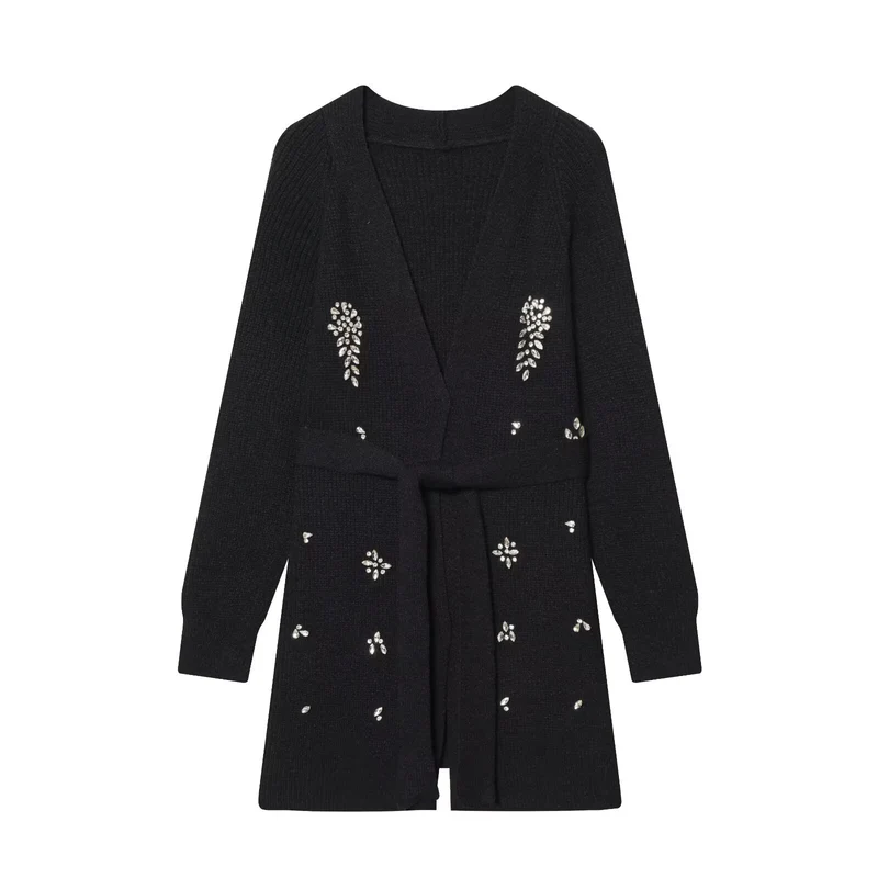 Damen Longcardigan mit Bindegürtel und Schmuckstein‑Applikation Drune