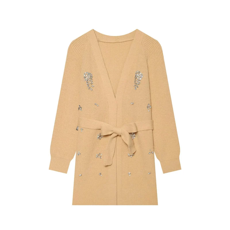 Damen Longcardigan mit Bindegürtel und Schmuckstein‑Applikation Drune