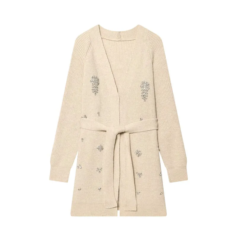 Damen Longcardigan mit Bindegürtel und Schmuckstein‑Applikation Drune