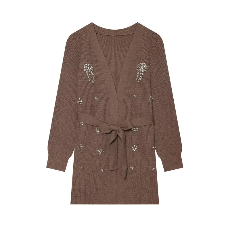 Damen Longcardigan mit Bindegürtel und Schmuckstein‑Applikation Drune