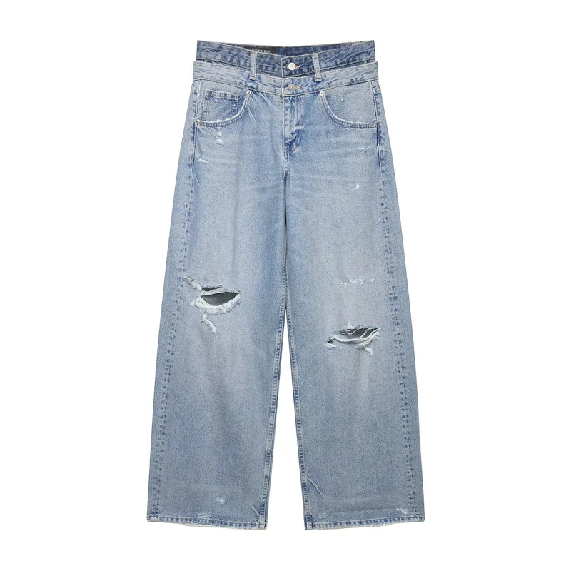 Damen Locker-sitzende Distressed Denim-Jeans mit weitem Cropped-Bein Drune