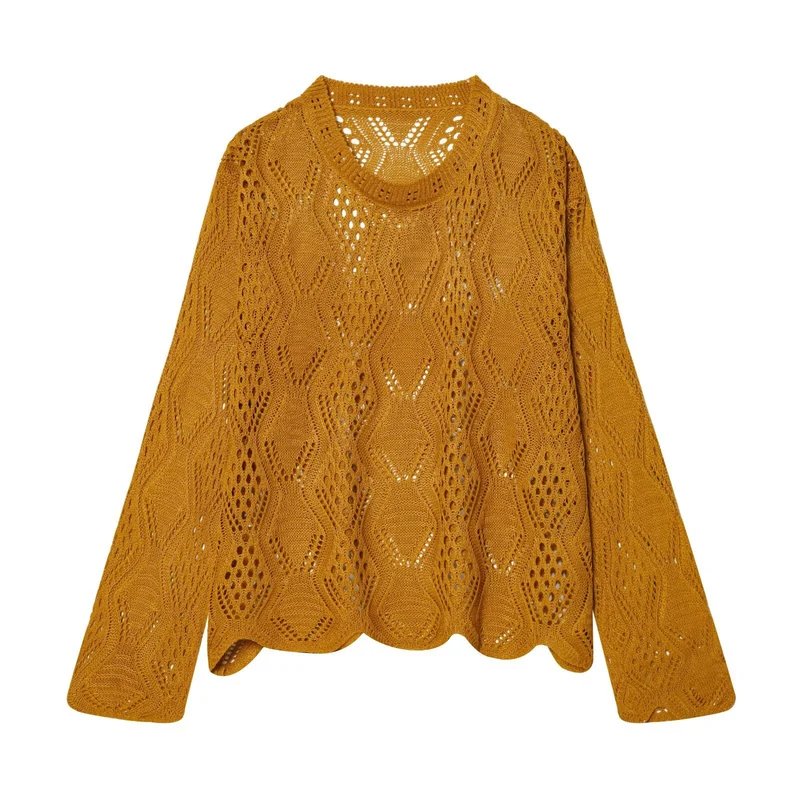 Damen Lochstrick-Pullover mit Zopfmuster und geschwungenem Saum Drune