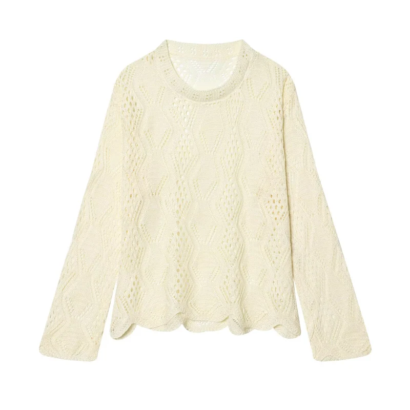 Damen Lochstrick-Pullover mit Zopfmuster und geschwungenem Saum Drune