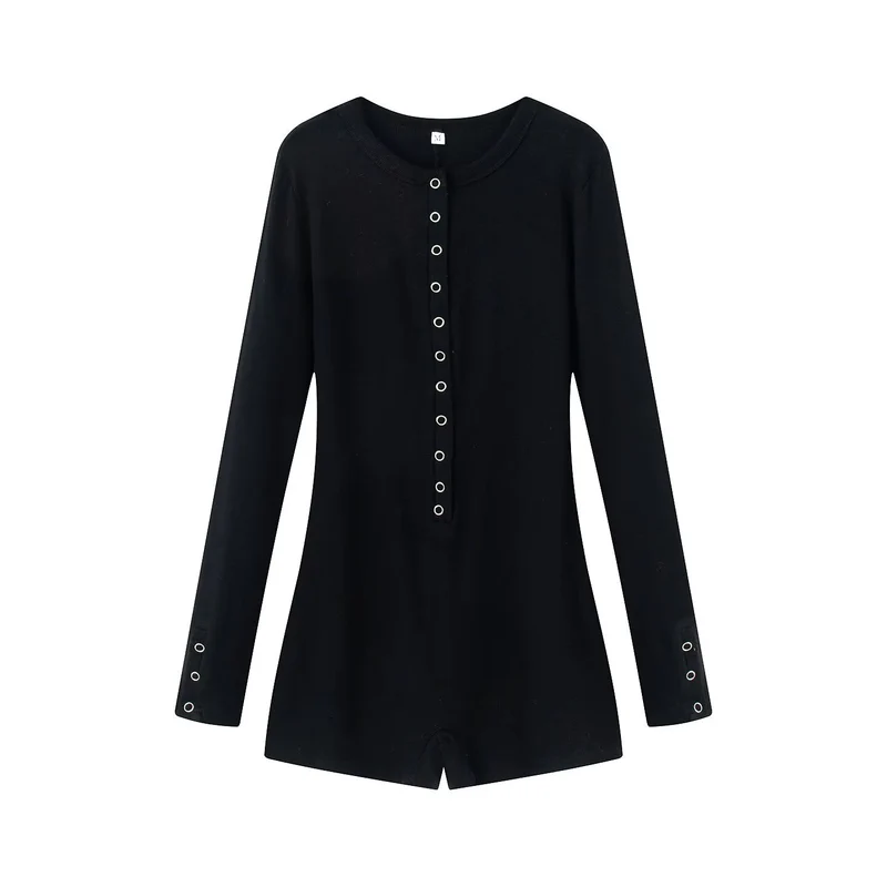 Damen Leichter Rippstrick-Einteiler mit Henley-Knopfleiste und Druckknopfstepper Drune