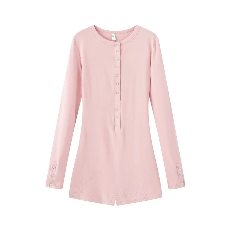 Damen Leichter Rippstrick-Einteiler mit Henley-Knopfleiste und Druckknopfstepper Drune