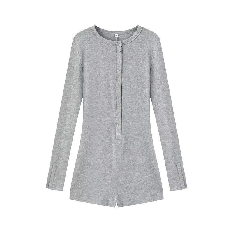 Damen Leichter Rippstrick-Einteiler mit Henley-Knopfleiste und Druckknopfstepper Drune