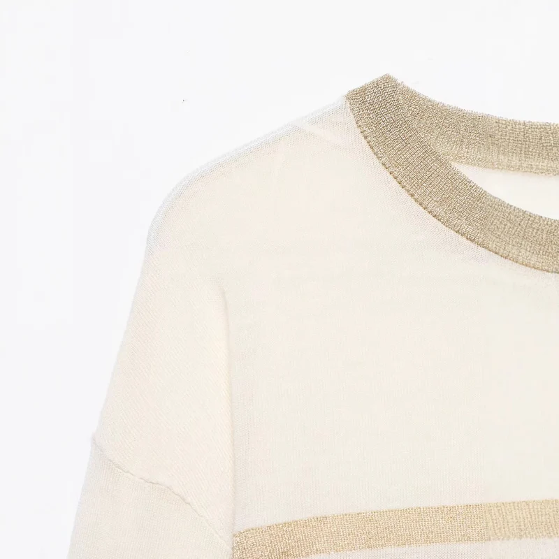 Damen Leichter gestreifter Feinstrickpullover mit Metallic‑Streifen und Rundhalsausschnitt Drune