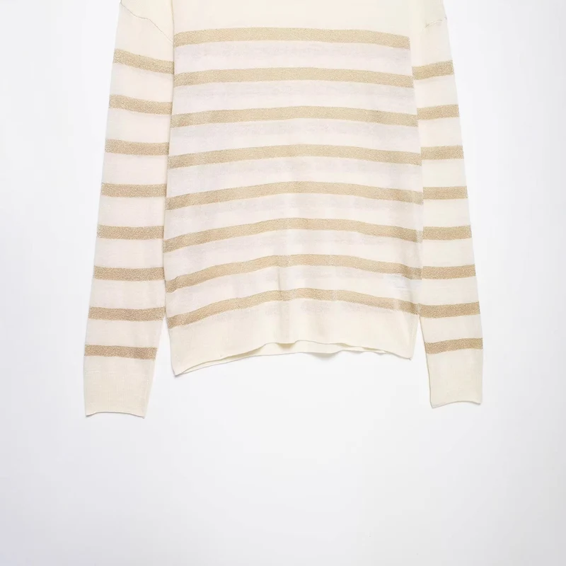 Damen Leichter gestreifter Feinstrickpullover mit Metallic‑Streifen und Rundhalsausschnitt Drune