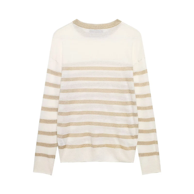 Damen Leichter gestreifter Feinstrickpullover mit Metallic‑Streifen und Rundhalsausschnitt Drune